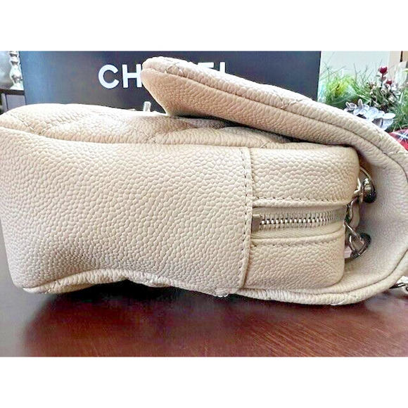 100% AUTHENTIC CHANEL CLASSIC EASY FLAP JUMBO CAVIAR BAG BEIGE QUILTED SILVER - Picture 7 of 16